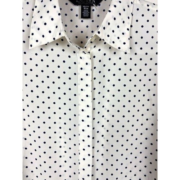 Lauren Ralph Lauren Button Up Blouse Ivory with Navy Polka Dots Classic Size XS - Picture 5 of 16